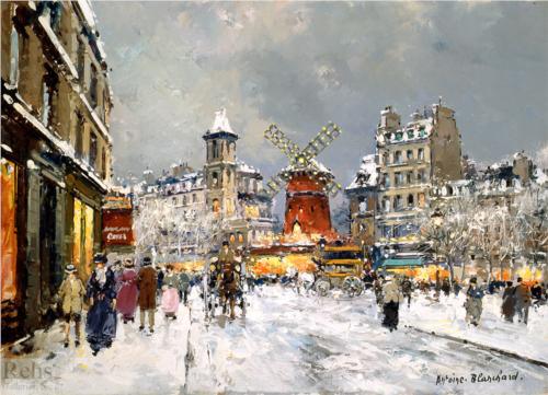 “Moulin Rouge, a Pigalle Sous la Neige”  Painting by Antoine Blanchard   At wikipaintings.org 