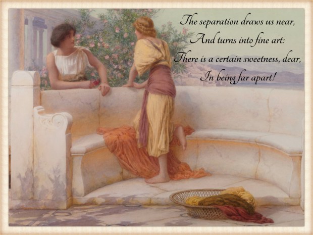 The Love Story by Henry Ryland.
This artwork depicts two Ancient Greek women, a blonde and a brunette, chatting on a marble terrace overlooking the sea.