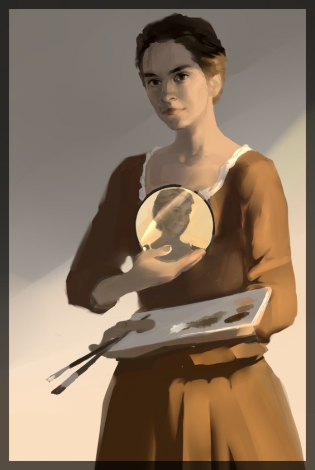 This digital painting depicts a woman-artist, holding a round mirror in one hand and a palette with two brushes in the other. The young lady reflecting in the mirror, her model, is smiling at the painter lovingly.