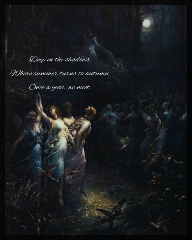 This painting depicts a group of fairies from a Shakespearean tale dancing in the forest at night.