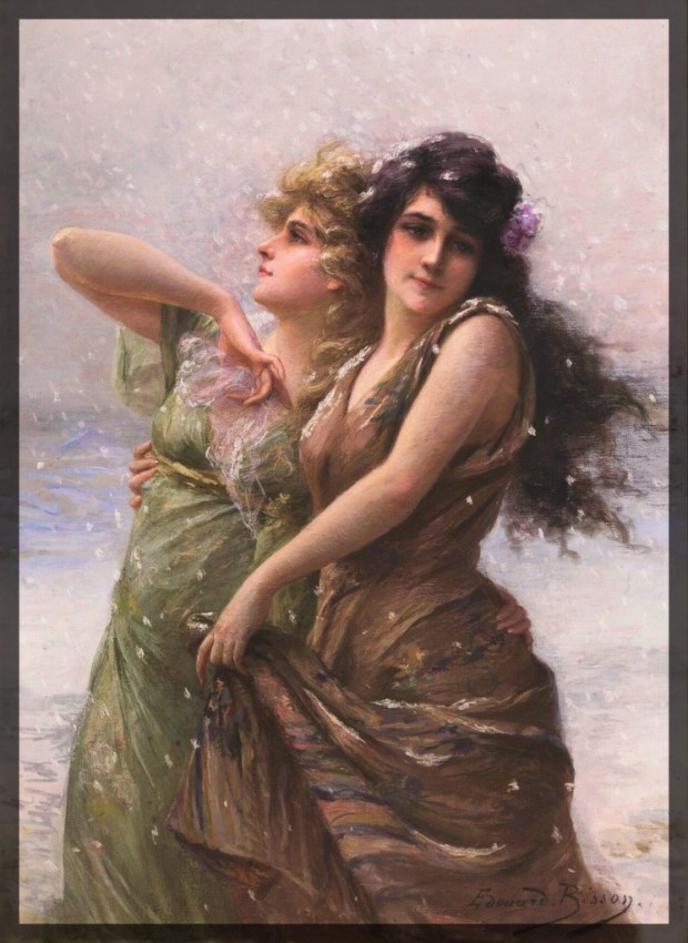 Two women embracing in a snowstorm, a painting by Édouard Bisson called "Winter."