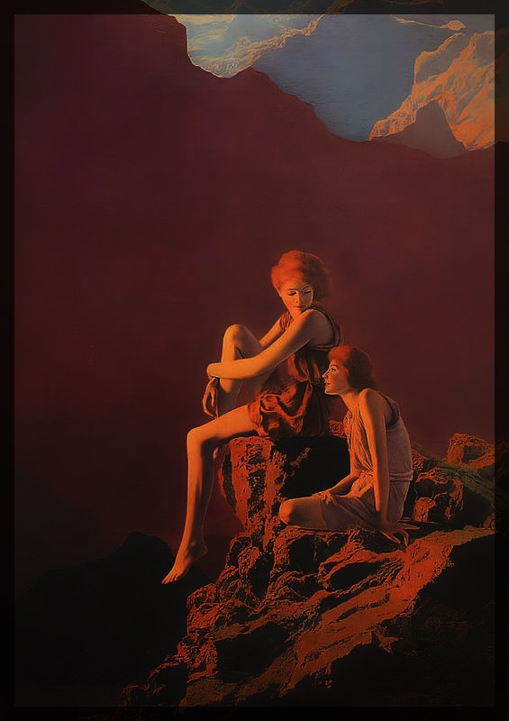 Two young women are sitting on the precipice. One of them looks at the sunset, while the other one gazes at her tenderly. There is a mountain landscape behind them.