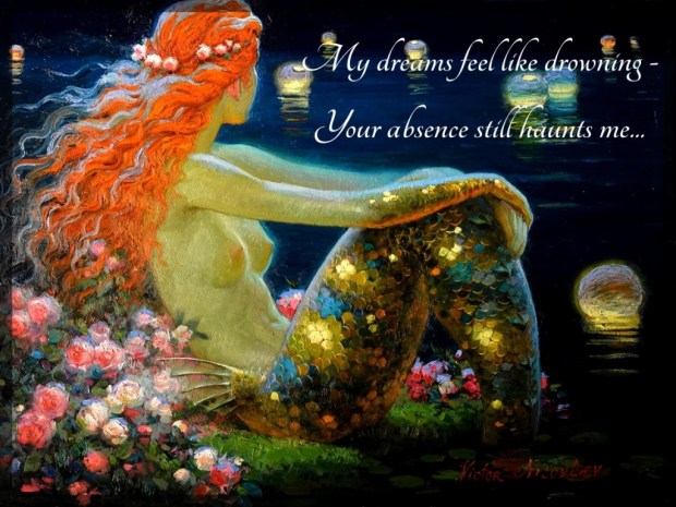 Songs of the Siren by Victor Nizovtsev. This painting depicts a nude mermaid with ginger hair, sitting on the rose-covered shore and glancing into the distance. It is night-time, and spheric lanterns are floating on water, like exotic flowers.